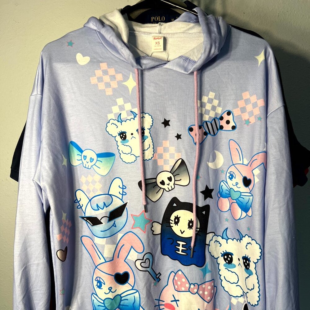 Romwe Dead Pets Anime Style Light Blue-ish Graphic Print Pullover Hoodie SZ XSm